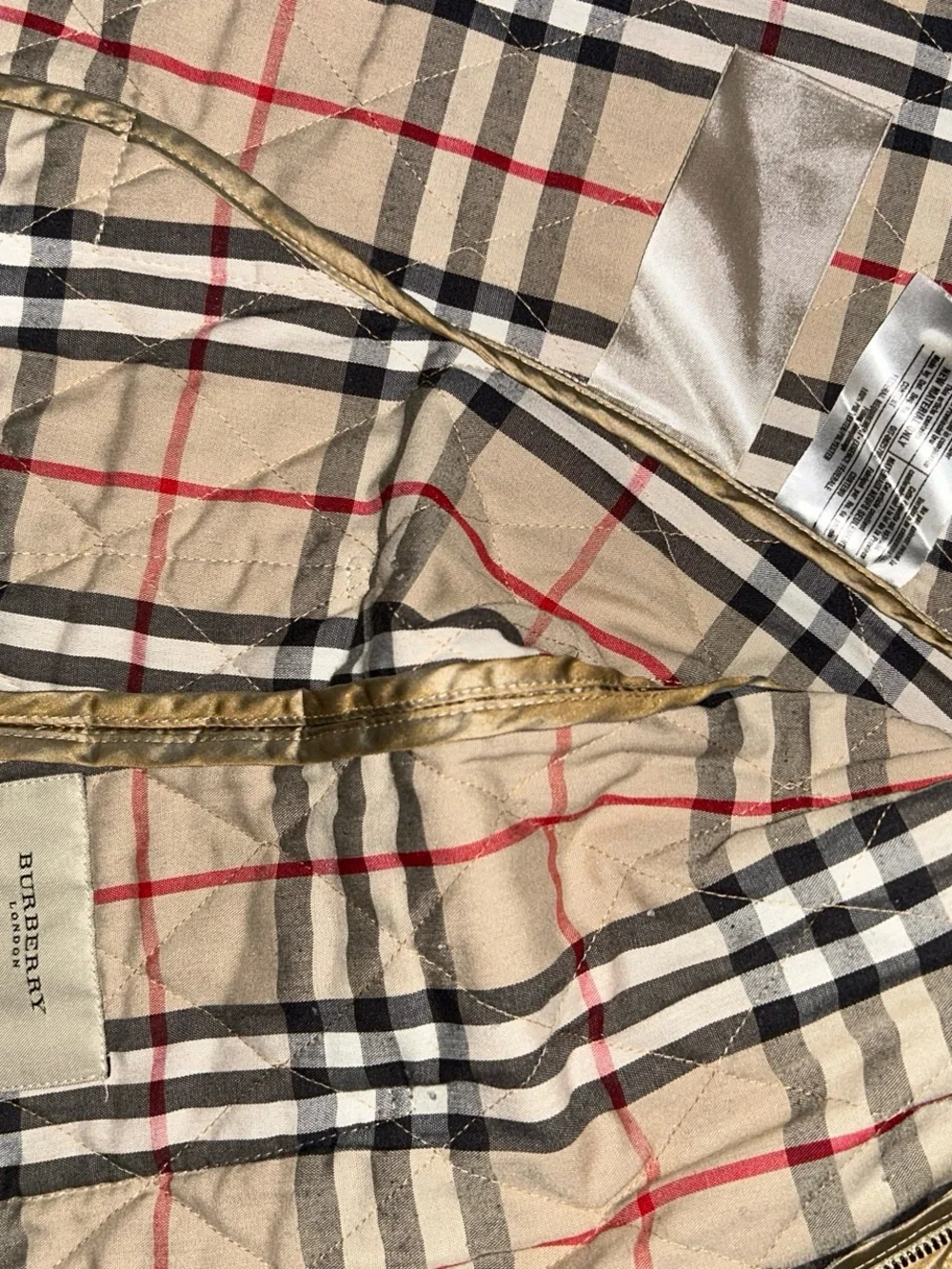 Burberry Quilted Metallic Gold Full Zip Jacket with Plaid Lining